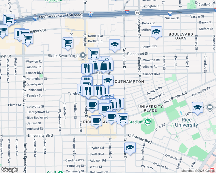 map of restaurants, bars, coffee shops, grocery stores, and more near 5010 Morningside Drive in Houston