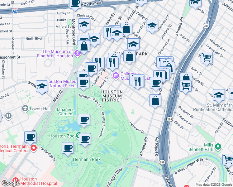 map of restaurants, bars, coffee shops, grocery stores, and more near 1615 Hermann Drive in Houston