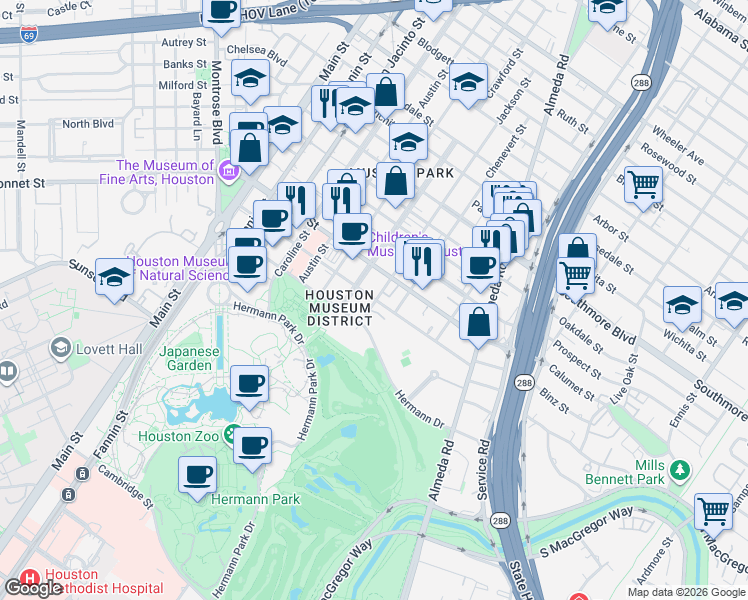 map of restaurants, bars, coffee shops, grocery stores, and more near 1615 Hermann Drive in Houston