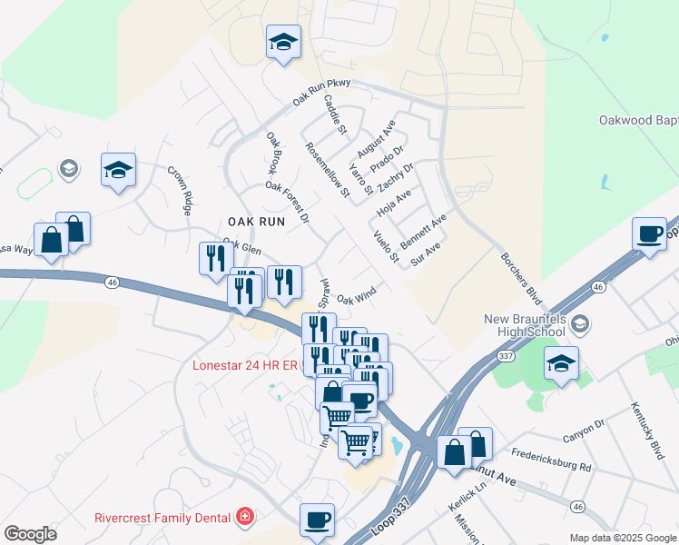 map of restaurants, bars, coffee shops, grocery stores, and more near 1748 Oak Sprawl in New Braunfels