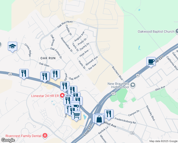 map of restaurants, bars, coffee shops, grocery stores, and more near 305 Vuelo Street in New Braunfels