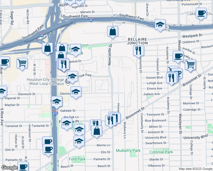 map of restaurants, bars, coffee shops, grocery stores, and more near 5454 Newcastle Drive in Houston