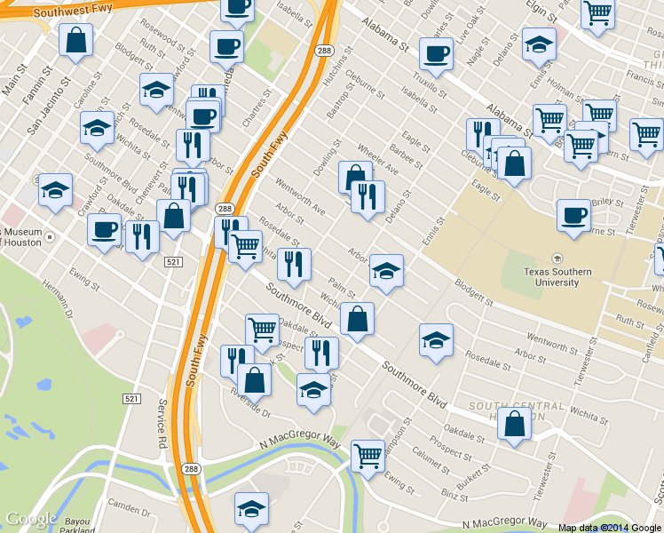 map of restaurants, bars, coffee shops, grocery stores, and more near 2631 Palm Street in Houston