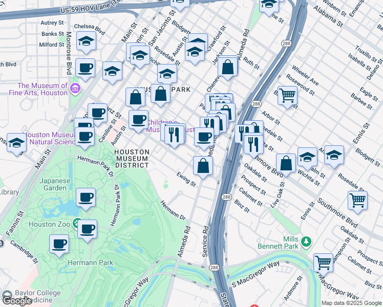 map of restaurants, bars, coffee shops, grocery stores, and more near 5511 Chartres Street in Houston