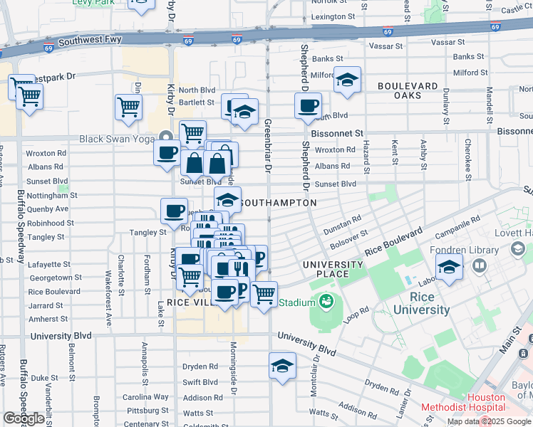 map of restaurants, bars, coffee shops, grocery stores, and more near 2315 Robinhood Street in Houston