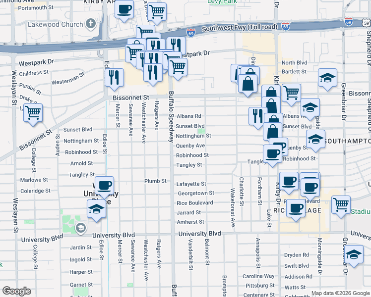 map of restaurants, bars, coffee shops, grocery stores, and more near 3122 Robinhood Street in West University Place