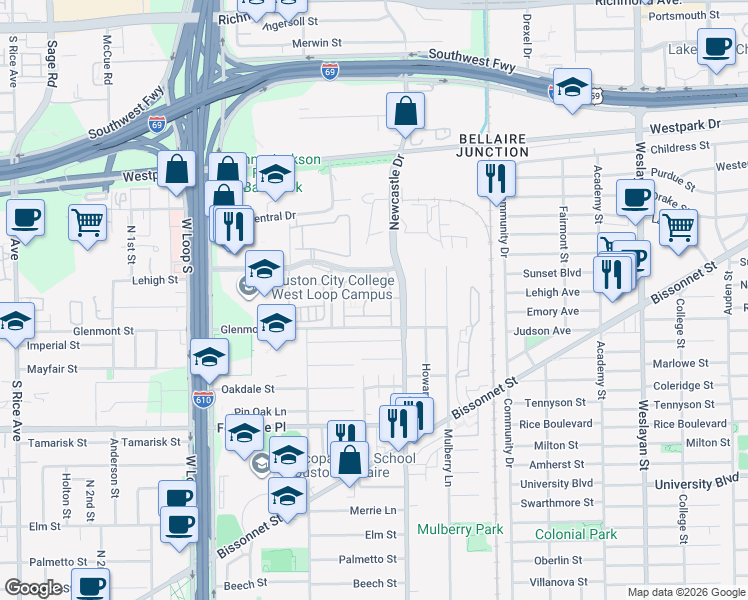 map of restaurants, bars, coffee shops, grocery stores, and more near 5454 Newcastle Street in Houston