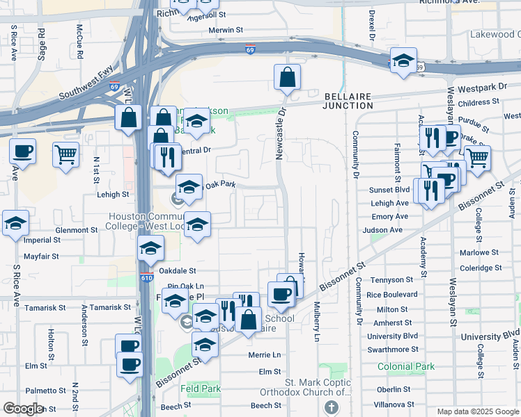 map of restaurants, bars, coffee shops, grocery stores, and more near 5454 Newcastle Street in Houston