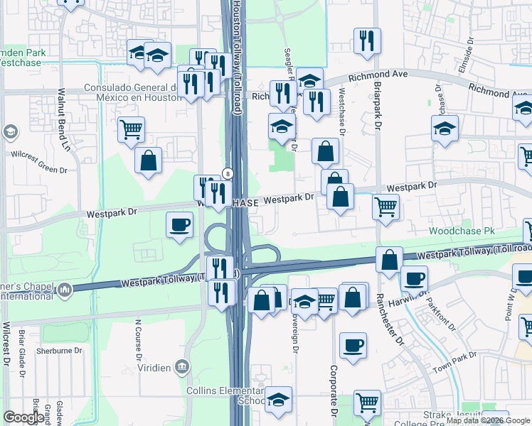 map of restaurants, bars, coffee shops, grocery stores, and more near 4033 West Sam Houston Parkway South in Houston
