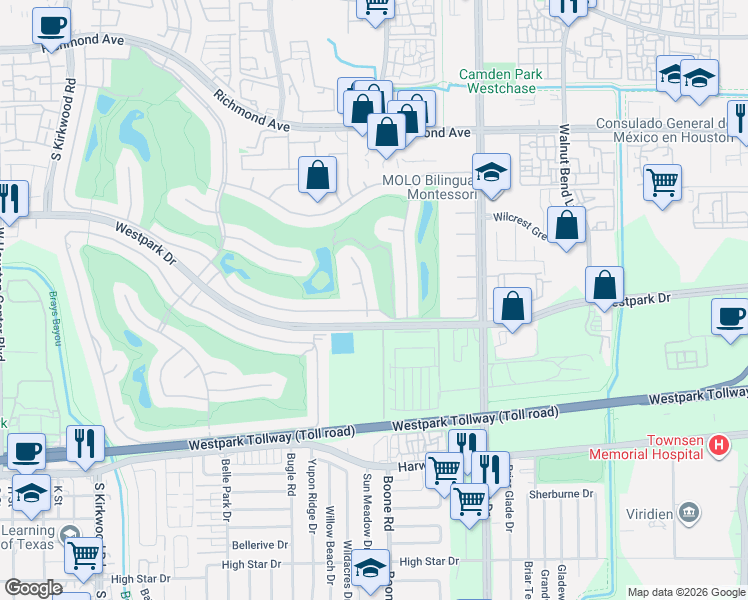 map of restaurants, bars, coffee shops, grocery stores, and more near 3338 Bridgeberry Lane in Houston