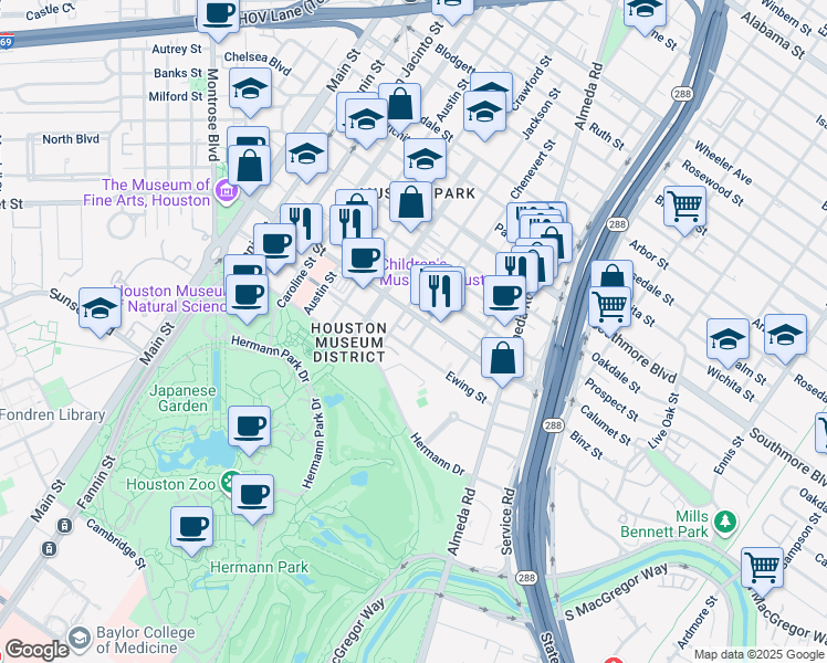 map of restaurants, bars, coffee shops, grocery stores, and more near 5600 Chenevert Street in Houston