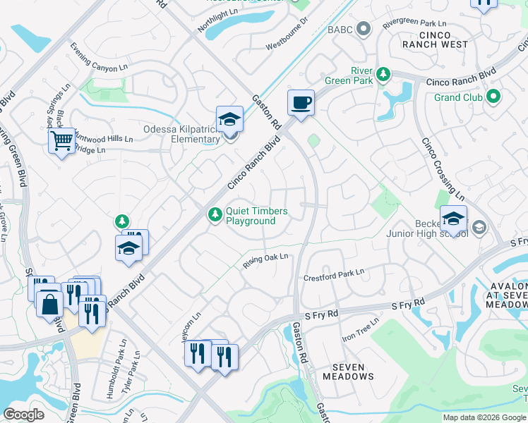 map of restaurants, bars, coffee shops, grocery stores, and more near 26307 Meadow Dawn Lane in Katy