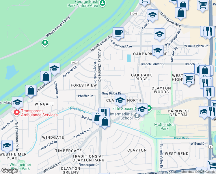 map of restaurants, bars, coffee shops, grocery stores, and more near 3443 Addicks Clodine Road in Houston