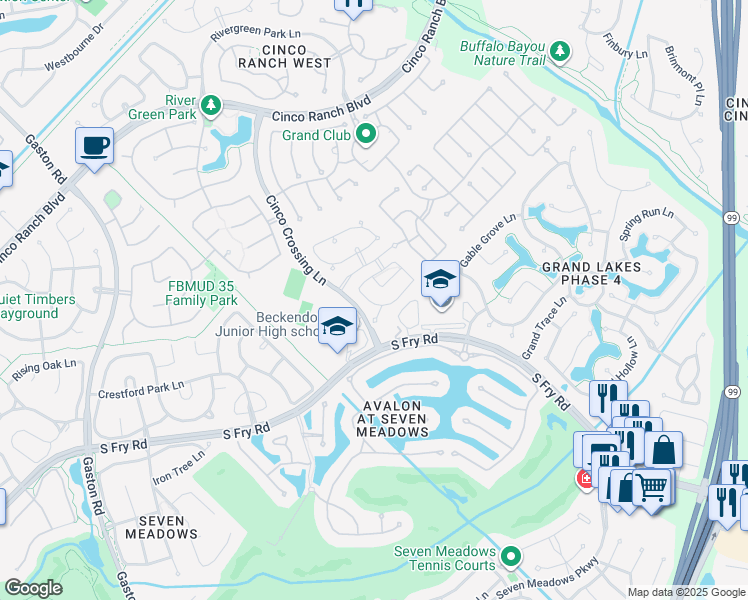 map of restaurants, bars, coffee shops, grocery stores, and more near 5639 Claybeck Lane in Katy