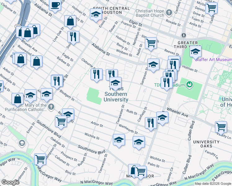 map of restaurants, bars, coffee shops, grocery stores, and more near 3100 Cleburne Street in Houston