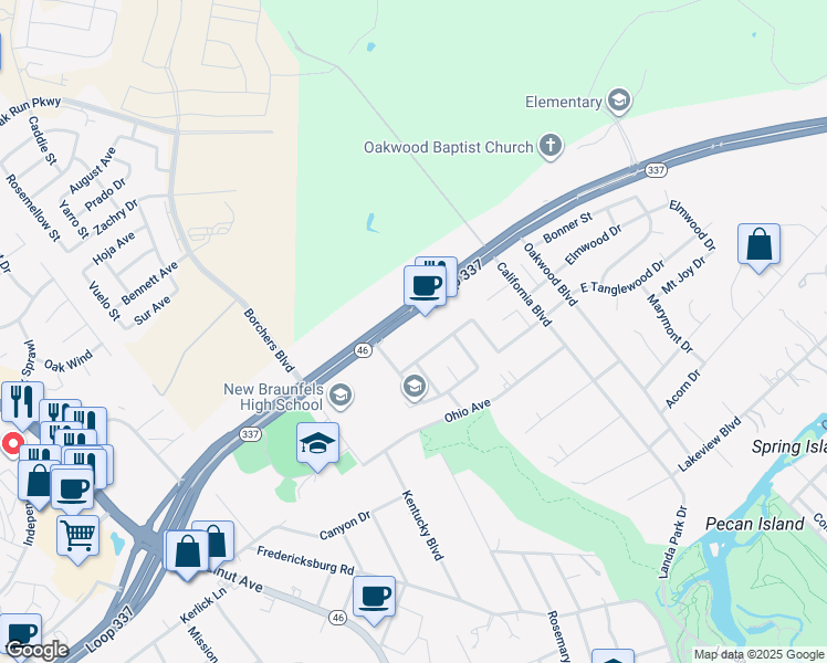 map of restaurants, bars, coffee shops, grocery stores, and more near 2457 Texas 337 Loop in New Braunfels