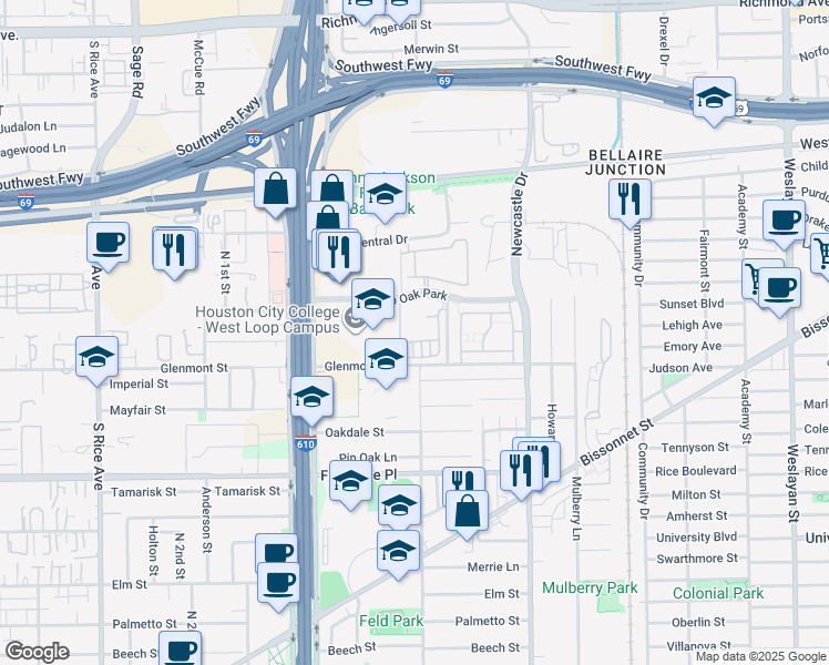 map of restaurants, bars, coffee shops, grocery stores, and more near 4807 Pin Oak Park in Houston