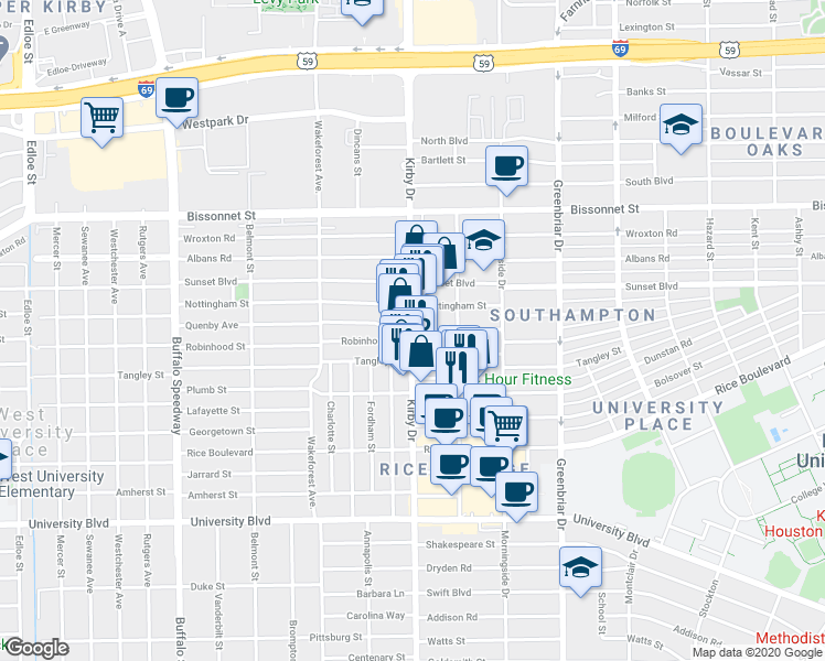 map of restaurants, bars, coffee shops, grocery stores, and more near Kirby Dr & Quenby St in Houston