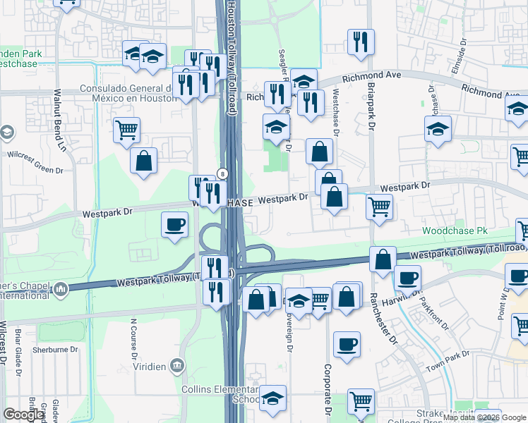map of restaurants, bars, coffee shops, grocery stores, and more near 10575 Westpark Drive in Houston