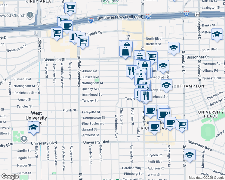 map of restaurants, bars, coffee shops, grocery stores, and more near 2808 Robinhood Street in West University Place