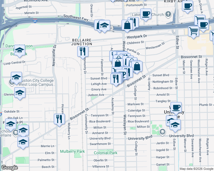 map of restaurants, bars, coffee shops, grocery stores, and more near 4116 Emory Avenue in Houston