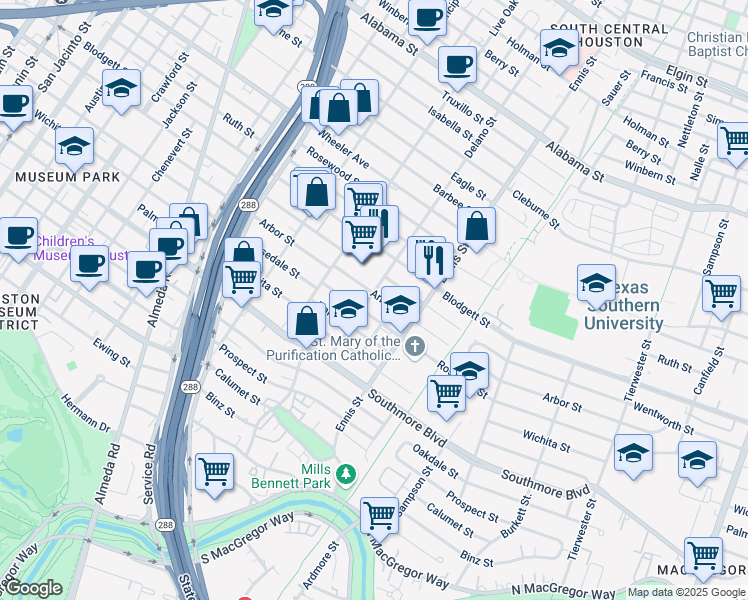 map of restaurants, bars, coffee shops, grocery stores, and more near 2807 Rosedale Street in Houston