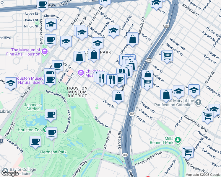 map of restaurants, bars, coffee shops, grocery stores, and more near 5511 Chartres Street in Houston
