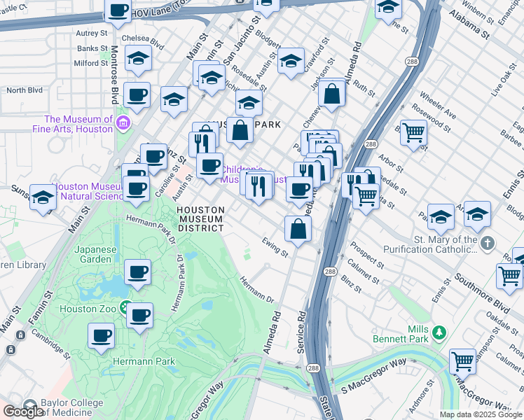 map of restaurants, bars, coffee shops, grocery stores, and more near 1820 Binz Street in Houston