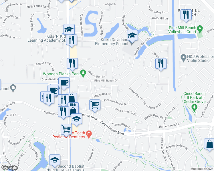 map of restaurants, bars, coffee shops, grocery stores, and more near 4807 Basil Clear Trail in Katy