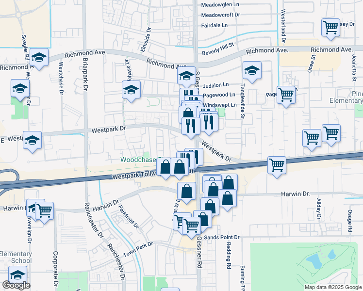map of restaurants, bars, coffee shops, grocery stores, and more near 10006 Westpark Drive in Houston