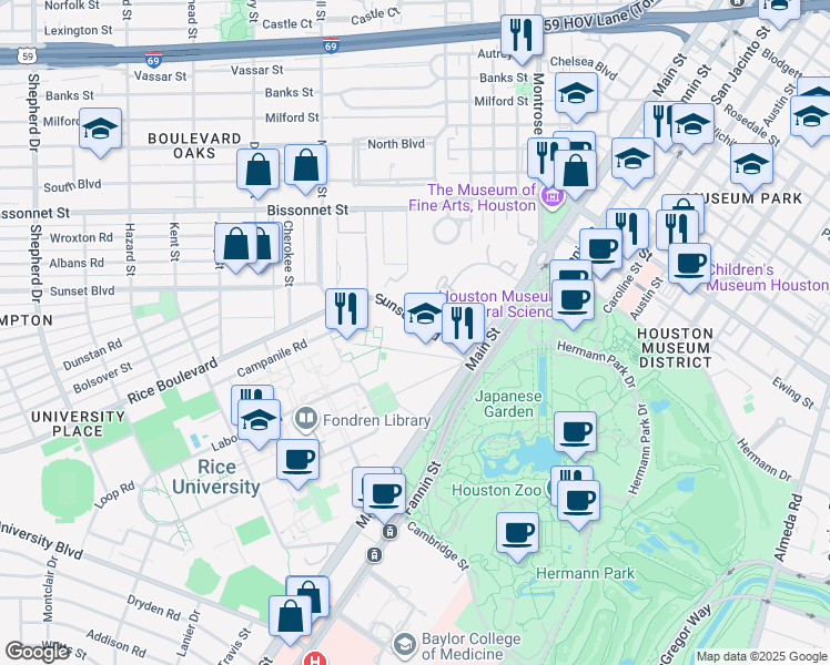 map of restaurants, bars, coffee shops, grocery stores, and more near 9 Sunset Boulevard in Houston