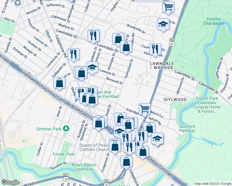 map of restaurants, bars, coffee shops, grocery stores, and more near 5709 Craig Street in Houston