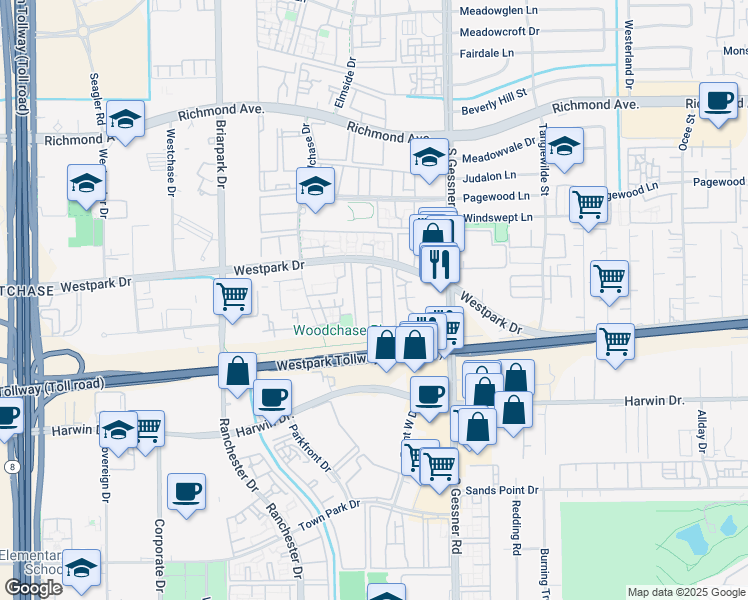 map of restaurants, bars, coffee shops, grocery stores, and more near 10053 Westpark Drive in Houston