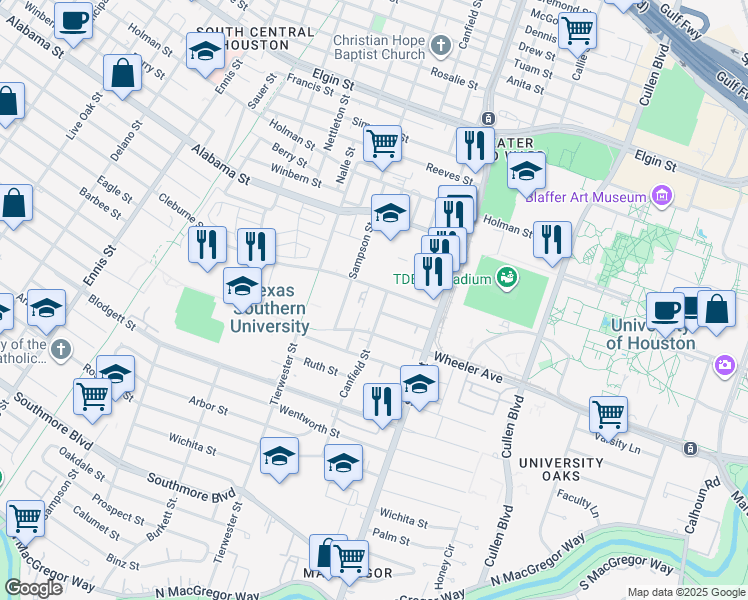 map of restaurants, bars, coffee shops, grocery stores, and more near 3830 Canfield Street in Houston