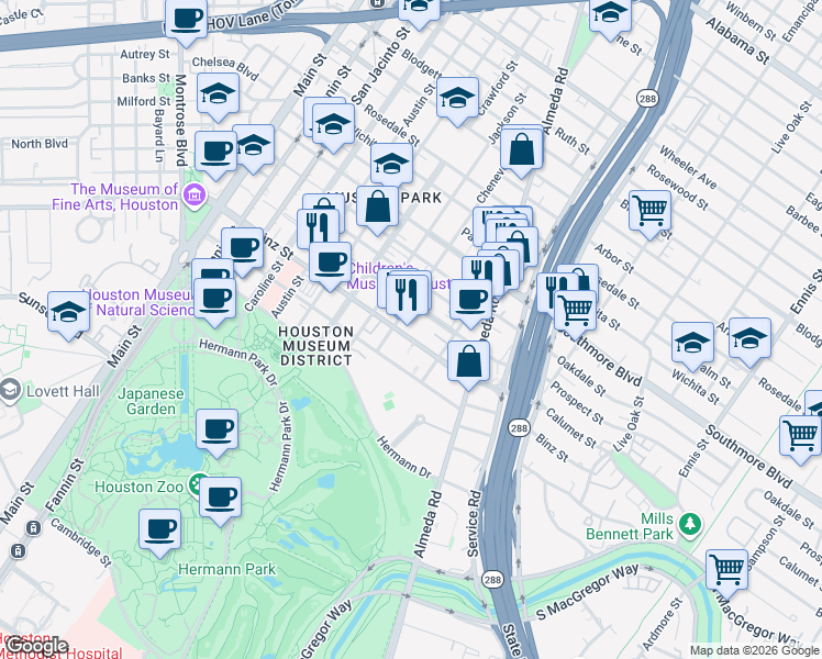 map of restaurants, bars, coffee shops, grocery stores, and more near 1820 Binz Street in Houston