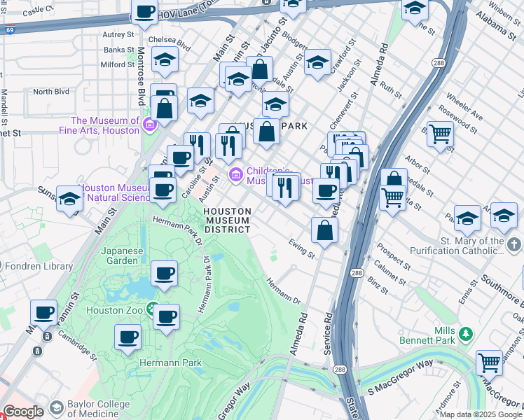 map of restaurants, bars, coffee shops, grocery stores, and more near 5600 Chenevert Street in Houston