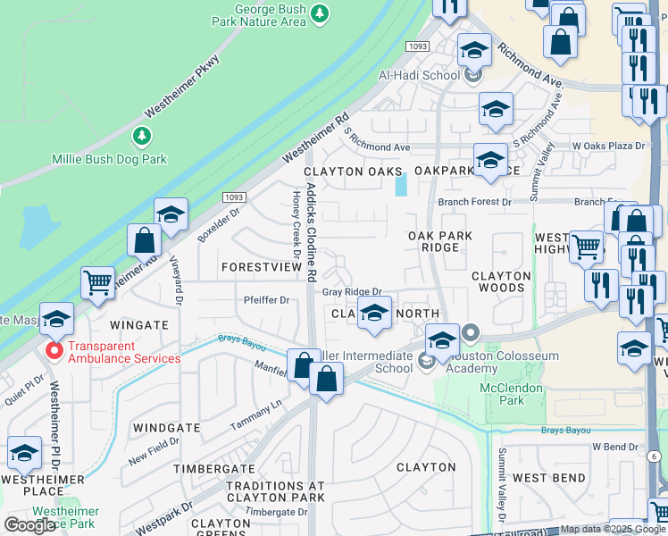 map of restaurants, bars, coffee shops, grocery stores, and more near 3443 Addicks Clodine Road in Houston