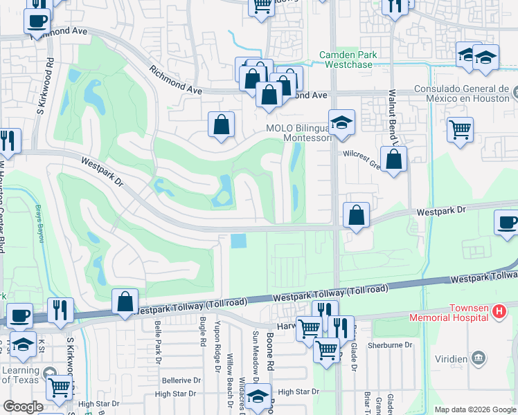 map of restaurants, bars, coffee shops, grocery stores, and more near 11406 Gallant Ridge Lane in Houston