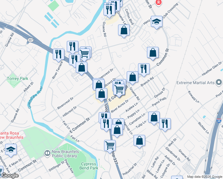 map of restaurants, bars, coffee shops, grocery stores, and more near 970 Texas 337 Loop in New Braunfels