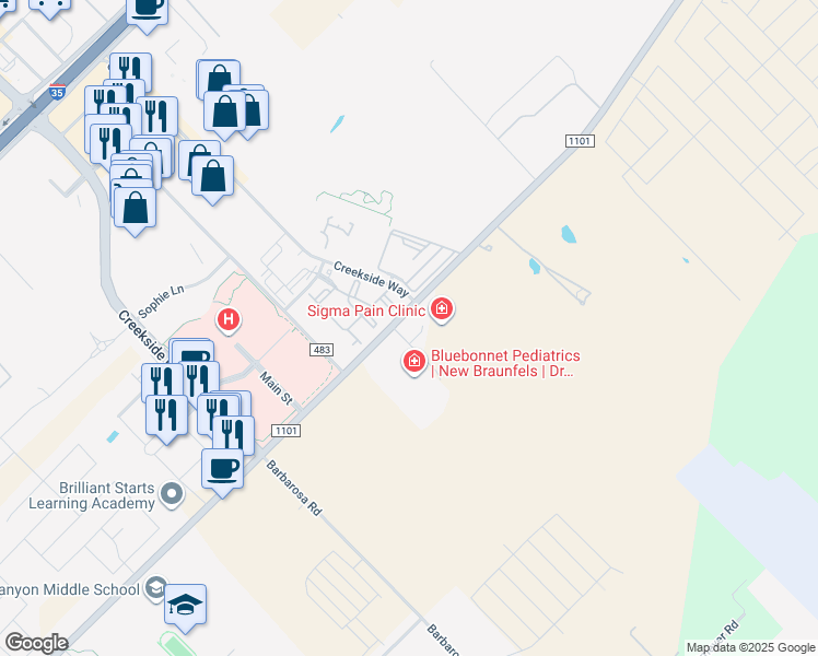 map of restaurants, bars, coffee shops, grocery stores, and more near 705 Generations Drive in New Braunfels