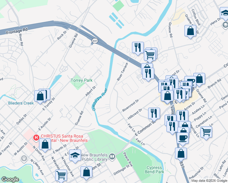 map of restaurants, bars, coffee shops, grocery stores, and more near 853 Fair Lane in New Braunfels