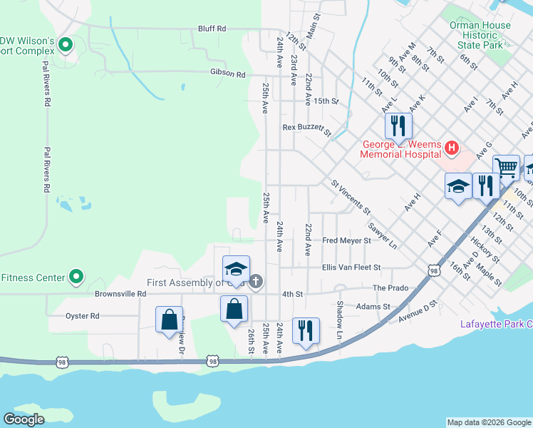 map of restaurants, bars, coffee shops, grocery stores, and more near 233 Cornellius Rizer Street in Apalachicola
