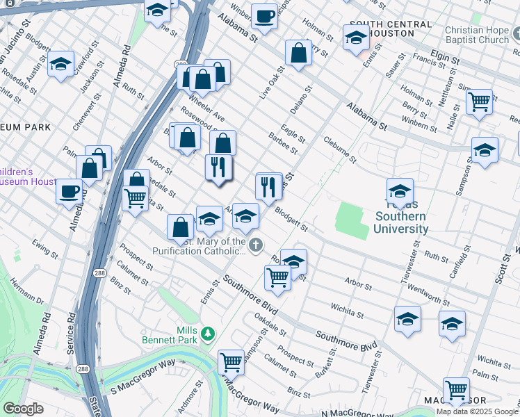 map of restaurants, bars, coffee shops, grocery stores, and more near in Houston