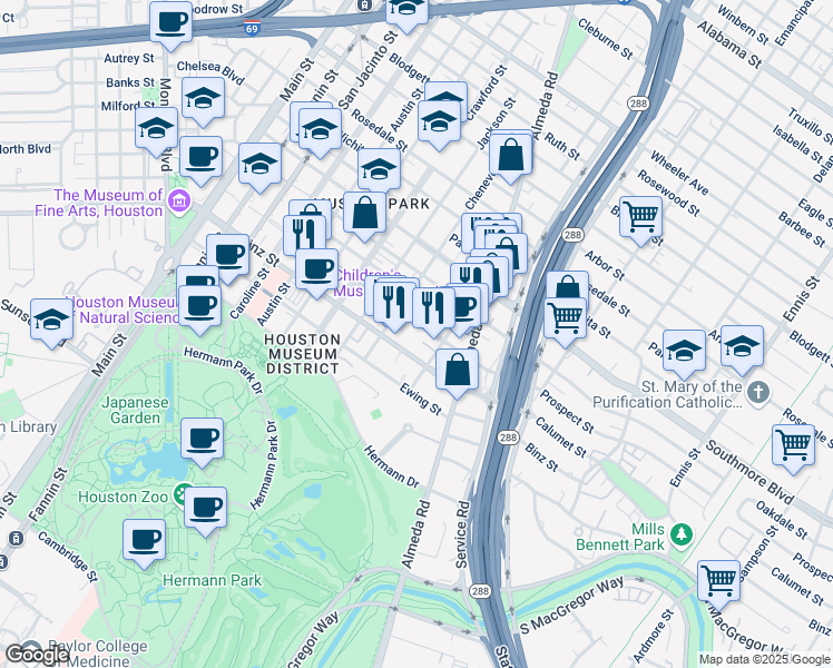 map of restaurants, bars, coffee shops, grocery stores, and more near 1820 Binz Street in Houston
