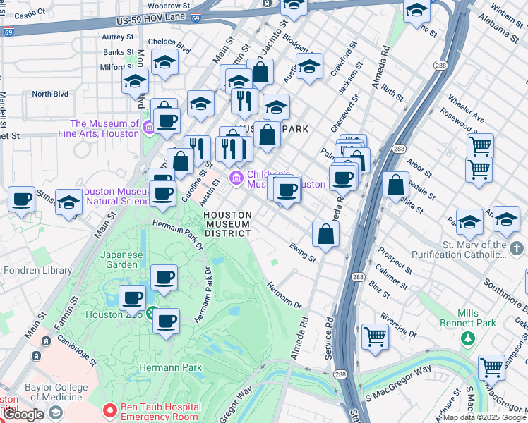 map of restaurants, bars, coffee shops, grocery stores, and more near 5600 Chenevert Street in Houston