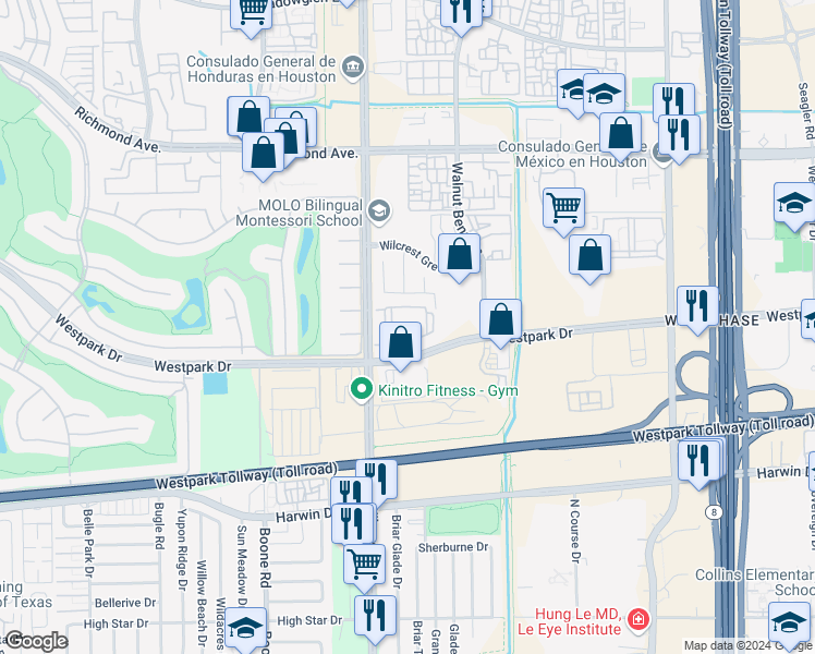 map of restaurants, bars, coffee shops, grocery stores, and more near 11212 Westpark Drive in Houston