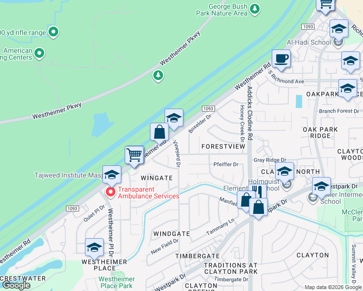 map of restaurants, bars, coffee shops, grocery stores, and more near 3446 Vineyard Drive in Houston
