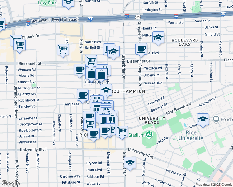 map of restaurants, bars, coffee shops, grocery stores, and more near 2315 Robinhood Street in Houston