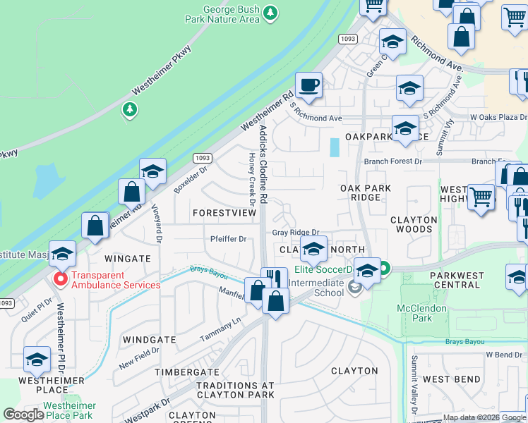 map of restaurants, bars, coffee shops, grocery stores, and more near 15707 Wingdale Drive in Houston