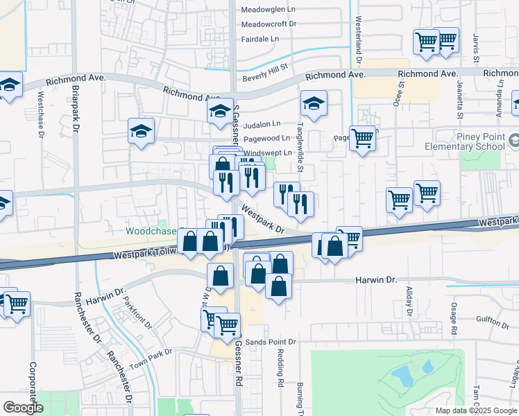 map of restaurants, bars, coffee shops, grocery stores, and more near 9991 Westpark Drive in Houston